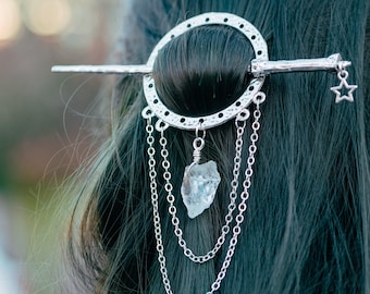 Silver hair stick, crystal moon hair piece accessory circle witch gifts star grunge goth bohemian quartz pin wedding fairy fantasy hair clip