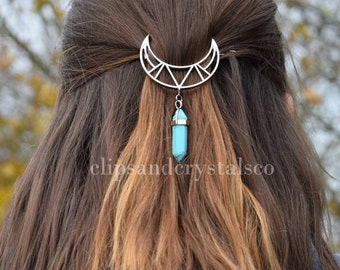Moon Hair Clip, Silver Crystal Hair Accessory Witchy Pin Boho Hair