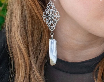witchy dangle crystal earrings, goth vintage wiccan occult medieval Renaissance costume jewelry silver bohemian gemstone earrings