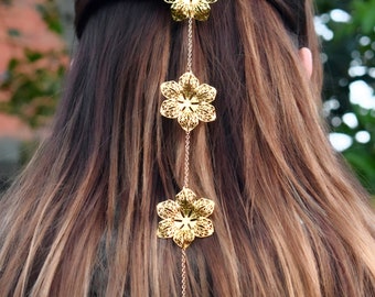 Gold flower hairpiece, wedding prom bridal dangle accessory goddess bohemian fairy fantasy clip festival boho pin dainty floral hair chain