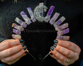 Diadème en cristal violet, bandeau fantaisie quartz bandeau festival lune diadème fée couronne elfe bandeau fée céleste diadème