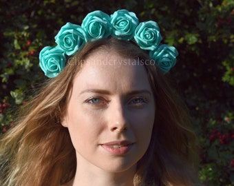 Blue rose headband, bright blue flower crown boho festival headpiece vintage pastel headdress bohemian fairy elf fantasy tiara rose hairband