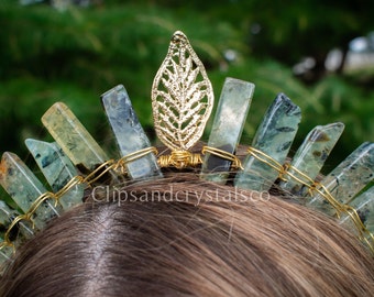 Diadème de feuille de cristal vert, boho festival casque sorcière coiffure fantaisie quartz bandeau fée mariage elfe des bois bijoux couronne d'or