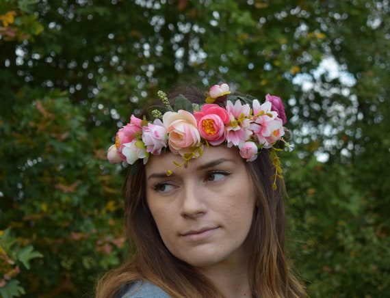 Pink Flower Hair Garland Floral Rose Headdress Festival Tiara