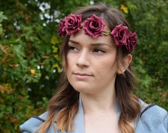 Burgundy flower headband, red rose headpiece boho festival hair garland bohemian hair wreath festival fairy wedding hairband flower tiara