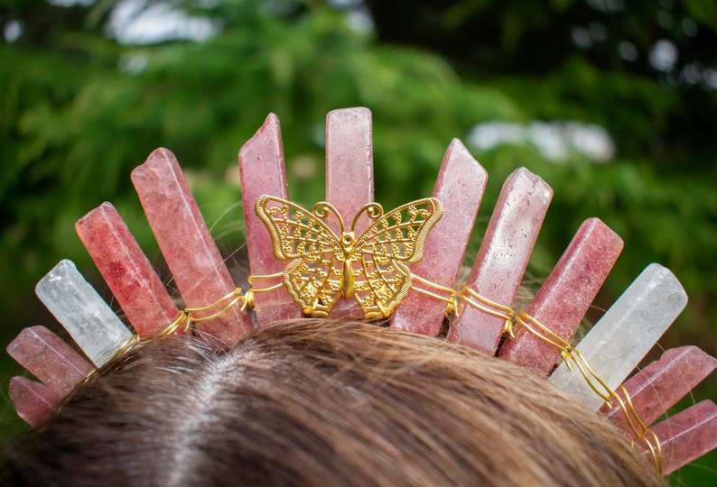 Rosa Kristall Gold Tiara, Schmetterling Schmuck Fee Fantasy Haarband Festival Krone Boho Boho Kopfschmuck Braut Abschlussball Kristall Kopfschmuck Bild 3