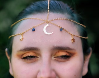 Gold moon star head chain, circlet headdress crystal tiara wedding festival bridal hair jewelry boho bohemian fairy fantasy moon headpiece