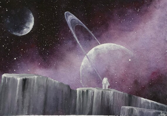 Watercolor Painting Space Solar System Saturn Astronaut Watercolor Art Fantasy Fantasy Art Galaxy Color Room Decor Space Gift