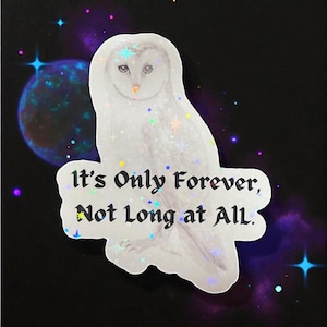 May include: A white owl sticker with the text "It's Only Forever, Not Long at All." The sticker has a holographic effect with colorful star-shaped accents. The background is a dark space scene with a planet and stars.