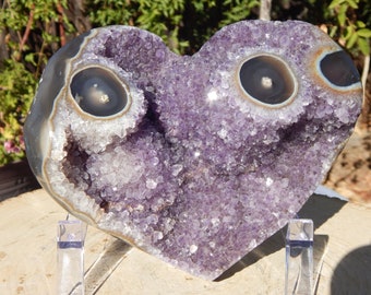 Amethyst Crystal Heart Cluster with Agate Rim Display