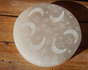 Selenite Moon / Star charging plate, Etched Moon / Star Selenite Plate, Chakra Charging Plate, Moon & Star Etched Selenite, Selenite plate