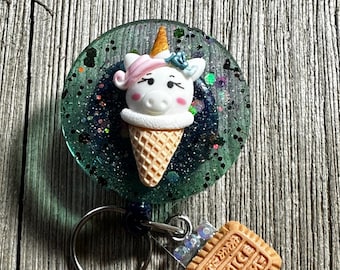 Dessert Piggy Ice Cream and Cookie Badge Holder, ID Retractable, Retractable Badge Holder, Bedazzled Reels, Resin Reels, Work Badge