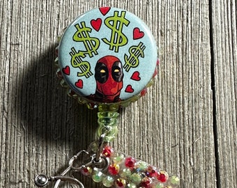 Dead Pool Super Hero and Villian Badge Holder, ID Retractable, Retractable Badge Holder, Bedazzled Reels, Resin Reels, Work Badge