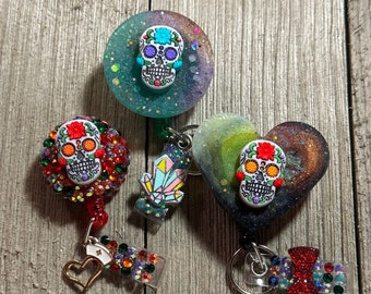 Dia de los Muertos Badge Reel, Sugar Skull Badge Reel, Day of the Dead Badge Retractable, ID Holder, Work Gifts, Unique Badge Holder