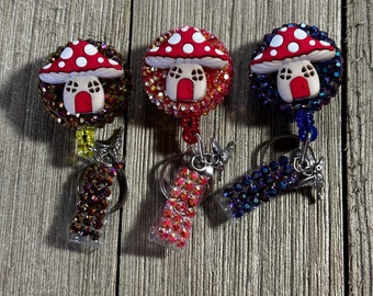 Trippy Magic Mushrooms Badge Holder, ID Retractable, Retractable Badge Holder, Bedazzled Reels, Resin Reels, Work Badge, Fungi Reels