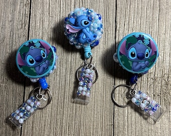 Stitch Inspired Badge Reel, Rhinestone Bling ID Holder, Retractable Nurse Work Badge Clasp