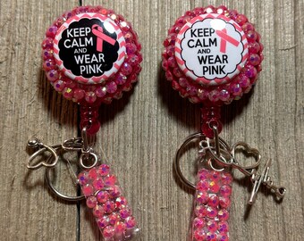Breast Cancer Awareness Badge Holder, ID Retractable, Retractable Badge Holder, Bedazzled Reels, Resin Reels, Work Badge, Gifts for Coworker