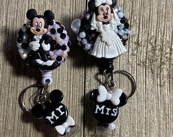 Mr. & Mrs. Mouse Badge Reel Set – Disney-Inspired Wedding Gift, Rhinestone Bling Clips