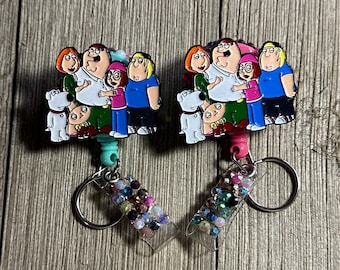 Family Cartoon Badge Reel, Rhinestone ID Holder, Retractable Work Clip