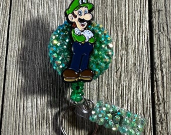 Luigi Retractable Badge Reel, Bedazzled Resin ID Holder, Nintendo Mario Kart Clip