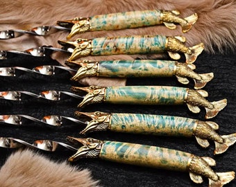 6 pcs Designer Skewers Set with Leather Cover, Stainless Steel BBQ Skewers Set, BBQ Tools, BBQ Accessories, Skewers for Grill