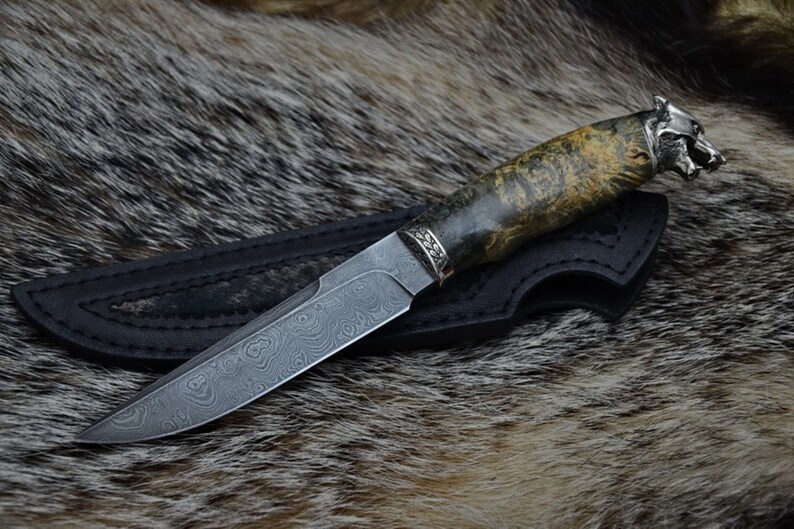 Wolf Damascus Steel Hunting Knife Unique Fancy Damascus Steel Etsy