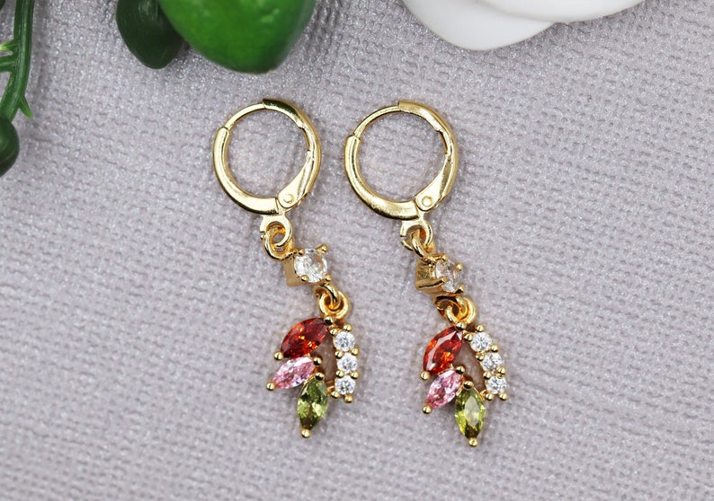 Dainty Hoops 24K Gold Earrings Gold Hoop Earrings Gift Crystal Dangle Earrings Formal Earrings Rainbow Earrings Zircon Crystals