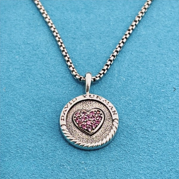 DAVID YURMAN Sterling Silver Pink Sapphire Heart Charm Pendant 16” Box Chain Necklace