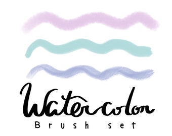 May include: Three watercolor brush strokes in shades of purple, blue, and green, with the text "Watercolor Brush Set" below.