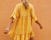 Chrome Cotton Dress wrap up dress chrome yellow dress Mini dress loose dress Summer casual wear bell sleeves robe dress