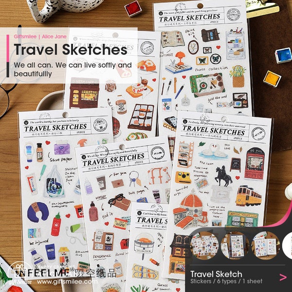 6 Types | Infeelme Travel Sketch Series | Stickers | diary decoration, traveller book, girls crafting, ephemera, planner supply | KS-SA-2162