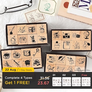 4 Types | Retro Daily Life Stamps | drink stamp, deco stamps, cute rubber stamp, journal rubber stamp, rubber stamps | C418-43 | KS-WS-334