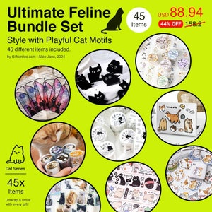 Bundel | 45 items | kawaii kattenstickers, washi-tapes kitty, fury katachtig, gestreepte kat, zwarte kat washi, schattige kat, gehaakte kat, miauw | KS-BD-001
