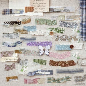 May include: A collage of fabric scraps and paper ephemera in various colors and patterns. The arrangement includes floral prints, lace, and text fragments, with a butterfly embellishment. The background is a neutral linen fabric.