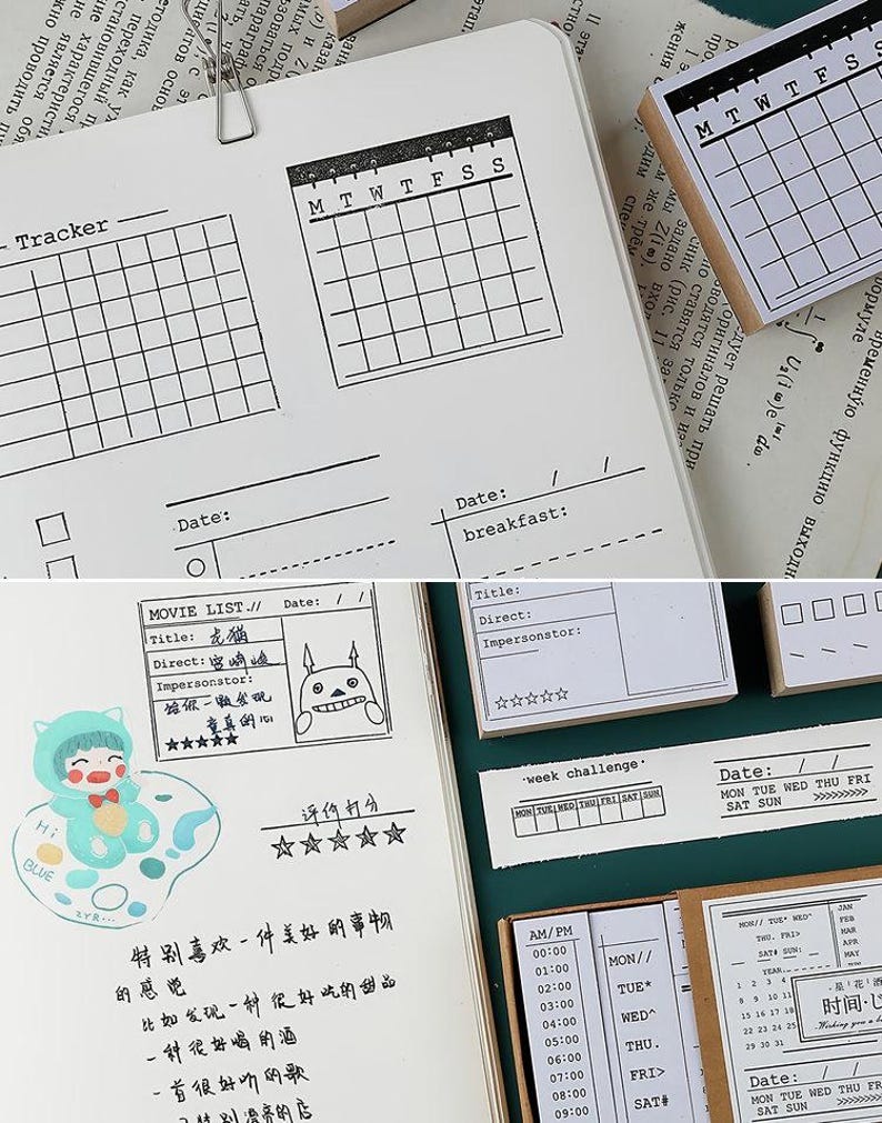 4 Types | Wood-mounted Planner Layouts Planner Rubber Stamps | Clear ...