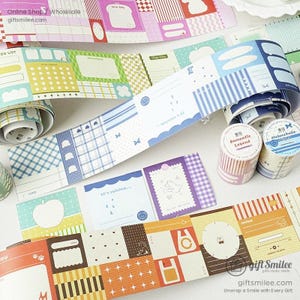 May include: Colorful decorative washi tape rolls with various patterns, including gingham, stripes, and illustrations. The tape features text like "Romantic Legend" and "Melancholic Night". The image also shows the website giftsmilee.com.