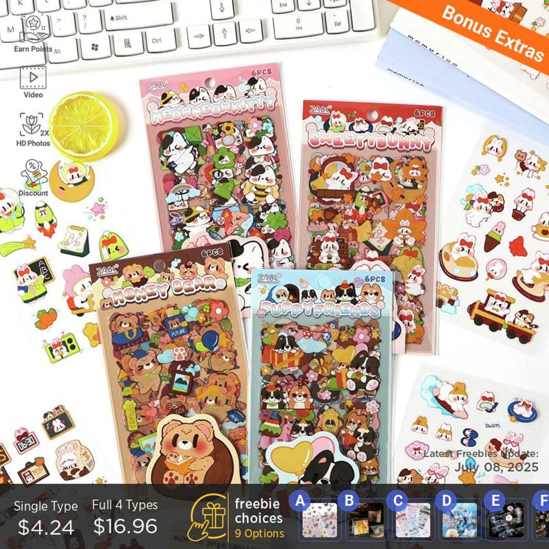 4 Types | Kawaii Animal Bear Bunny Cat and Dog | Stickers, Simple Style ...