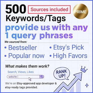Peut inclure: Visuel publicitaire avec le texte "500 mots-clés/tags" et "fournissez-nous n'importe quelle phrase de requête." Il comprend "Bestseller", "Etsy's Pick", "Popular now" et "High Favors". Une barre de recherche et une flèche vers le haut sont également présentes.