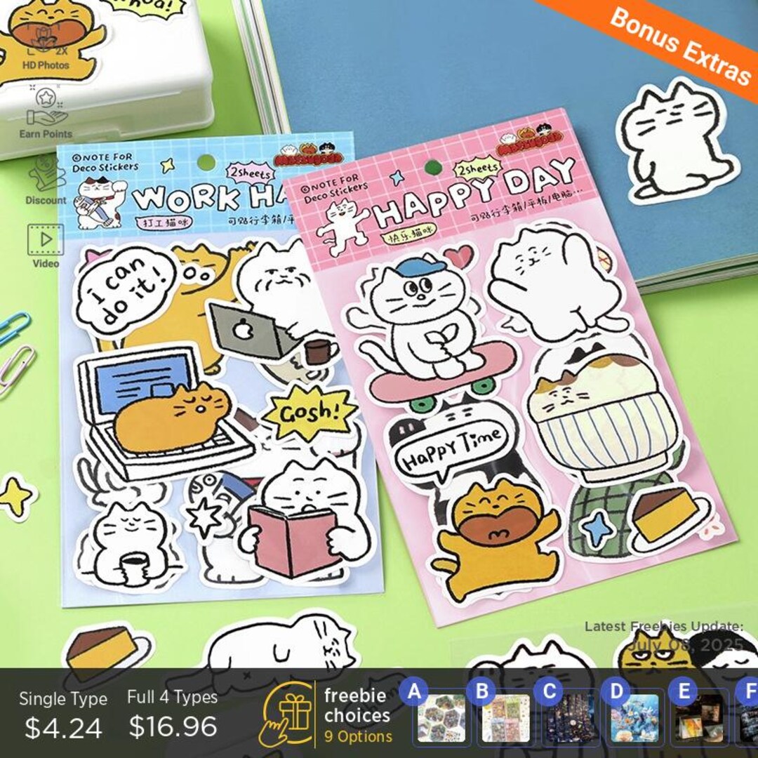 4 Types | Kawaii Cartoon Cat | Stickers, Salt Style, Gift Journal, Kid ...