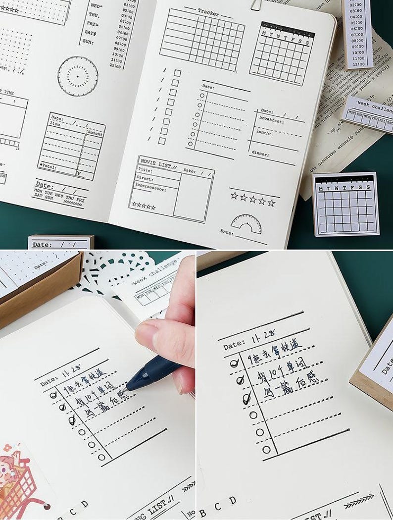 4 Types | Wood-mounted Planner Layouts Planner Rubber Stamps | Clear ...
