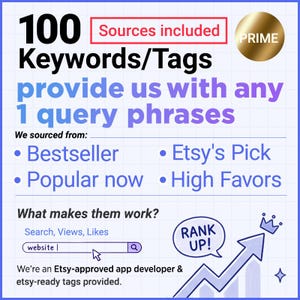 May include: Graphic with text: "100 Keywords/Tags" and "provide us with any 1 query phrases." Includes "Bestseller," "Popular now," "Etsy's Pick," and "High Favors." A search bar and an arrow pointing up with a crown are also shown.