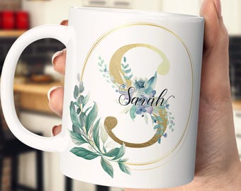 Personalised Floral Initial Mug, Custom Name Coffee Cup with Gold Monogram, Bridesmaid Proposal Gift, Botanical Gift for Her