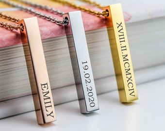 Personalised Necklaces For Women, Engraved Name Necklace For Mother, Engraved Jewellery For Mother's Day, Numerals, Coordinates Necklace Bar