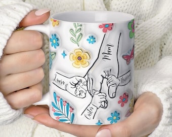 Personalised Mum Mug 3D Hold Hands Mug Custom Mama Cup Mothers Day Present And Heartfelt Gift From Kids With Names