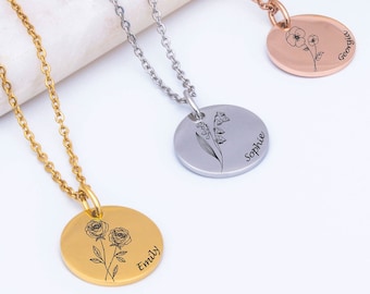 Round Birthflower Necklace, Birthday Gift Necklace, Birthflower Minimal Necklace, Memorial Jewellery Gift For Her