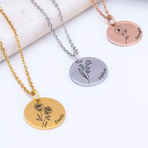 Personalised Birth Flower Disc Necklace Gift Birth Flower Necklaces Month Floral Charm Necklace For Mothers Day Gift Necklace NGF012