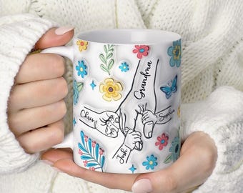 Taza personalizada para la abuela con nombres personalizados para la familia, taza de café con manos de niños y efecto floral 3D para el Día de la Madre, regalo para la abuela.