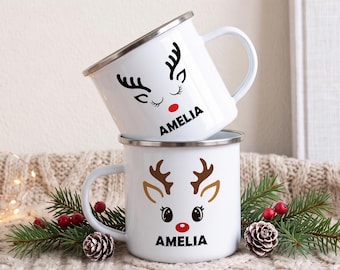 Personalised Mug Reindeer Enamel Cup • Custom Holiday Mug • Christmas Eve Box Filler Festive Family Gift