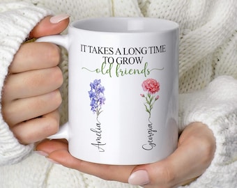 Personalised Best Friend Gift, Birth Flower Mug, Long Distance Friendship Birthday Present, Custom Name Cup for Bestie