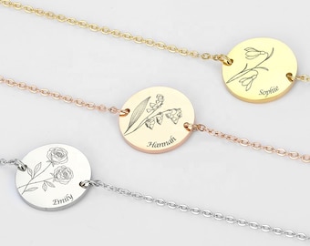 Personalized Birth Flower Disc Bracelet • Birthday Month Floral Charm Bracelet  Name Bracelet Engraved For Mothers Day • Gift Mother  BGF012